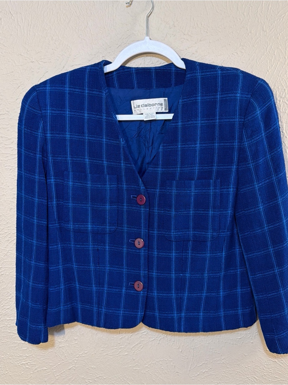 Liz Claiborne Royal Blue Plaid Button Jacket